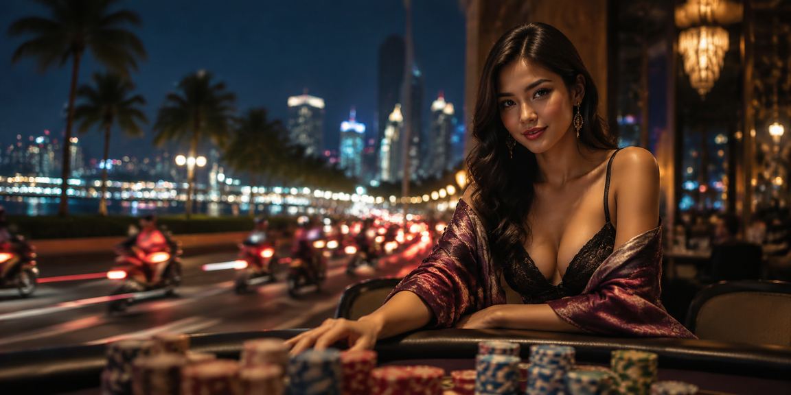 Hiburan casino dengan pencahayaan neon yang menciptakan atmosfer premium dan menggiurkan